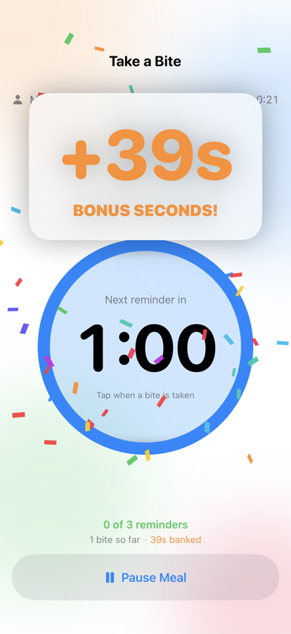 A celebration overlay reading “+39s BONUS SECONDS!” in orange, with confetti falling across the countdown ring behind it.