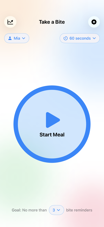 Take a Bite's setup screen: a kid picker set to Mia, a bite interval set to 60 seconds, a large blue Start Meal button filling the centre of the screen, and a goal of no more than 3 bite reminders along the bottom.