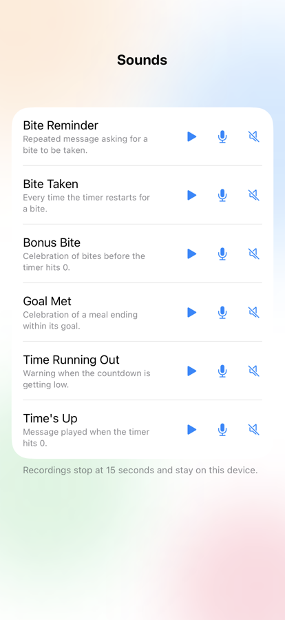 The Sounds settings screen listing six replaceable sounds — Bite Reminder, Bite Taken, Bonus Bite, Goal Met, Time Running Out and Time's Up — each with play, record and mute controls.