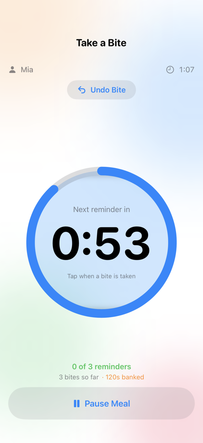 A meal in progress: a large countdown ring reads 53 seconds under the words “Next reminder in”, with “Tap when a bite is taken” beneath it and a running score of 0 of 3 reminders, 3 bites so far and 120 seconds banked.